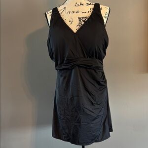 Denim & Co. Beach V-Neck Wrap Front Swim Dress-Black-size 20W